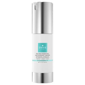 Envied Essential Antioxidant Cream bottle with sleek silver and white design, featuring turquoise label and Envie branding, showcased for skincare product category at Envie Skin & Body.