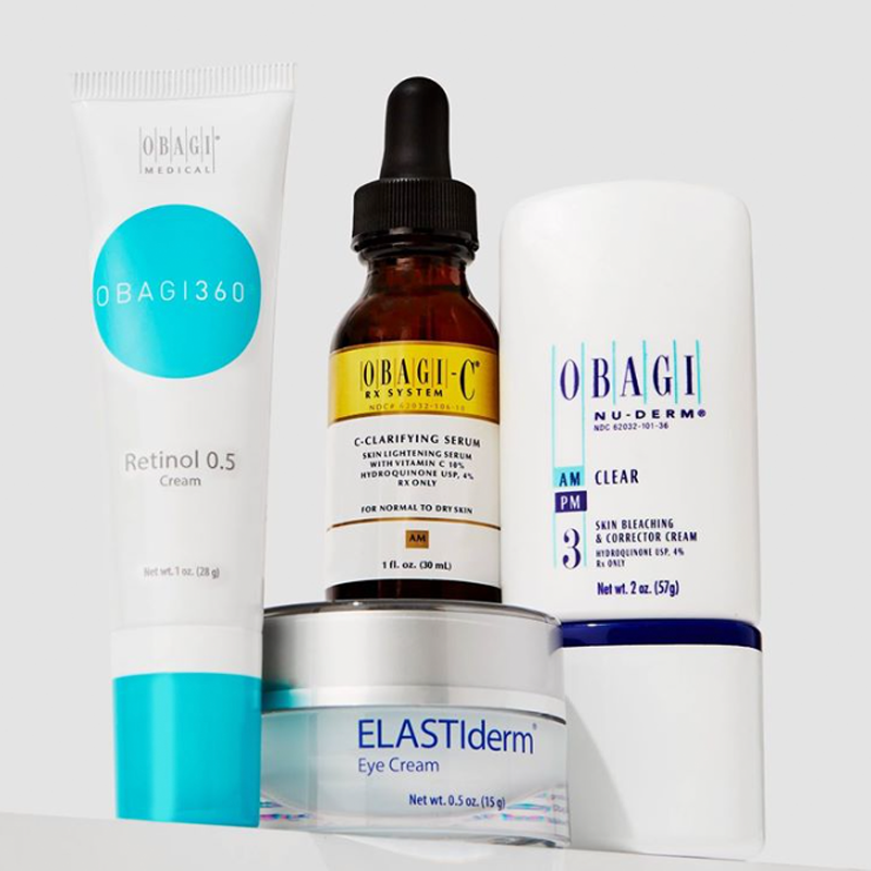 Obagi skincare products including Retinol 0.5 cream, C-Clarifying serum, and Nu-Derm AM Clear cream, featured on Envie Skin & Body's online shop for effective skincare solutions.
